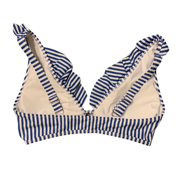 Women’s Navy Blue & White Striped sz L ruffled bikini top w/adjustable straps - Picture 3 of 7